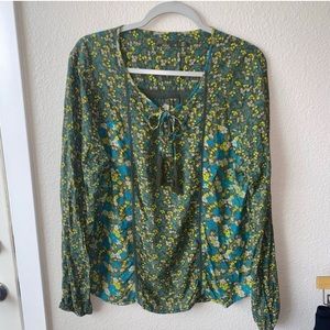 Prana Long Sleeve Tassel Peasant Blouse XL Green Floral